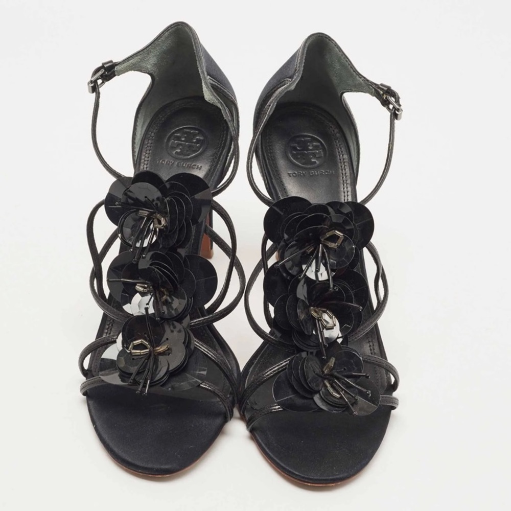 Tory Burch Emmanuelle black strappy flower stiletto